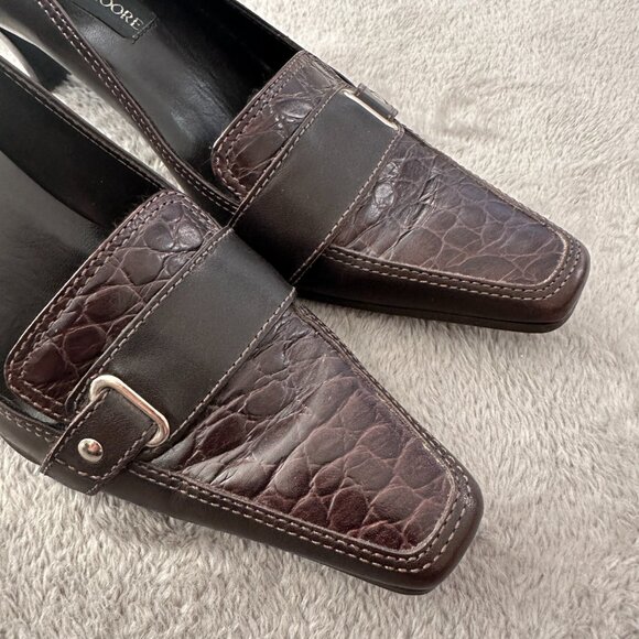 Vintage Jennifer Moore Brown Croc Embossed Square Toe Buckle Kitten Heels 7 - Picture 2 of 7